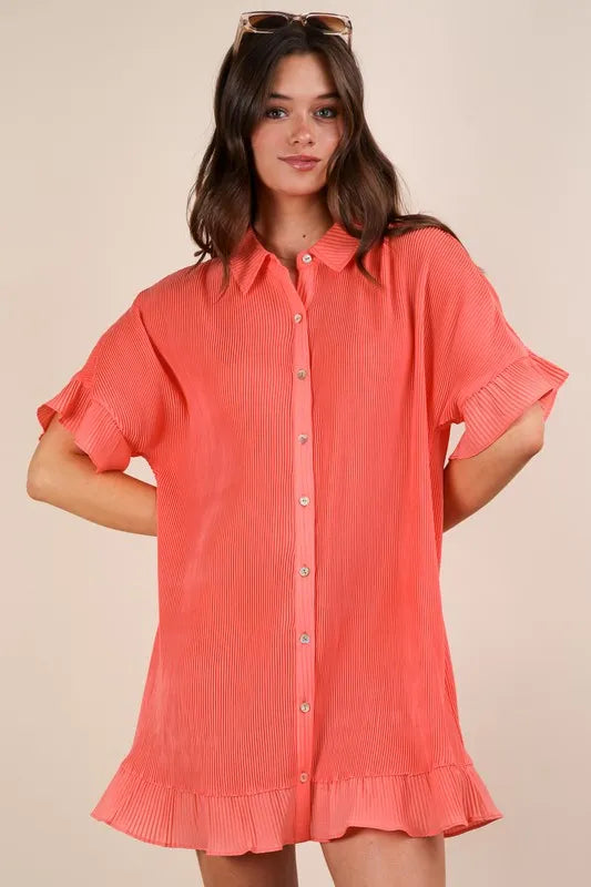 Image of VERY J Pleated Detail Button Down Mini Dress | Queeble.shop