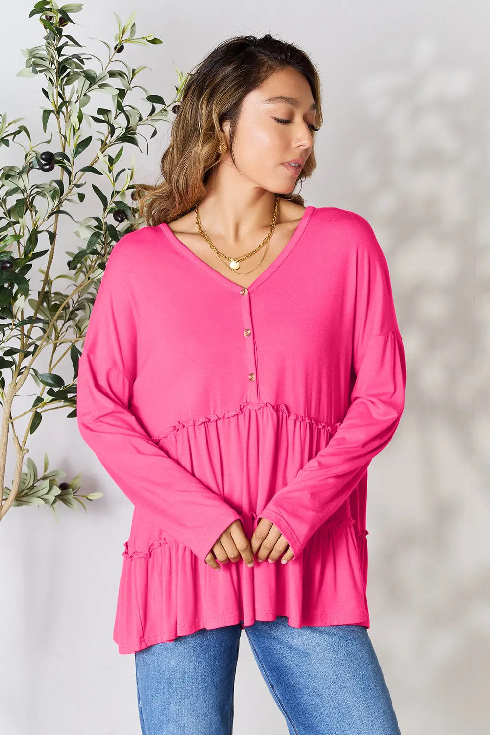 Image of Double Take Half Button Long Sleeve Ruffle Hem Blouse | Queeble.shop