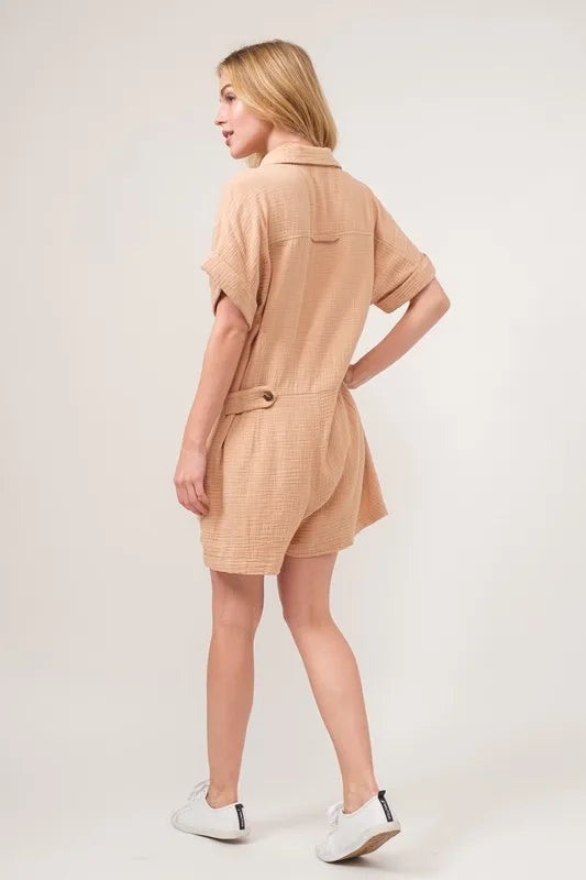 Image of And The Why Washed Gauze Roll-up Sleeve Comfort Utility Romper | Queeble.shop
