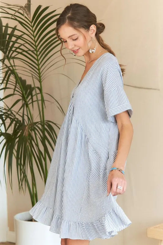 Image of ADORA Ruffled Hem Striped V-Neck Babydoll Dress | Queeble.shop