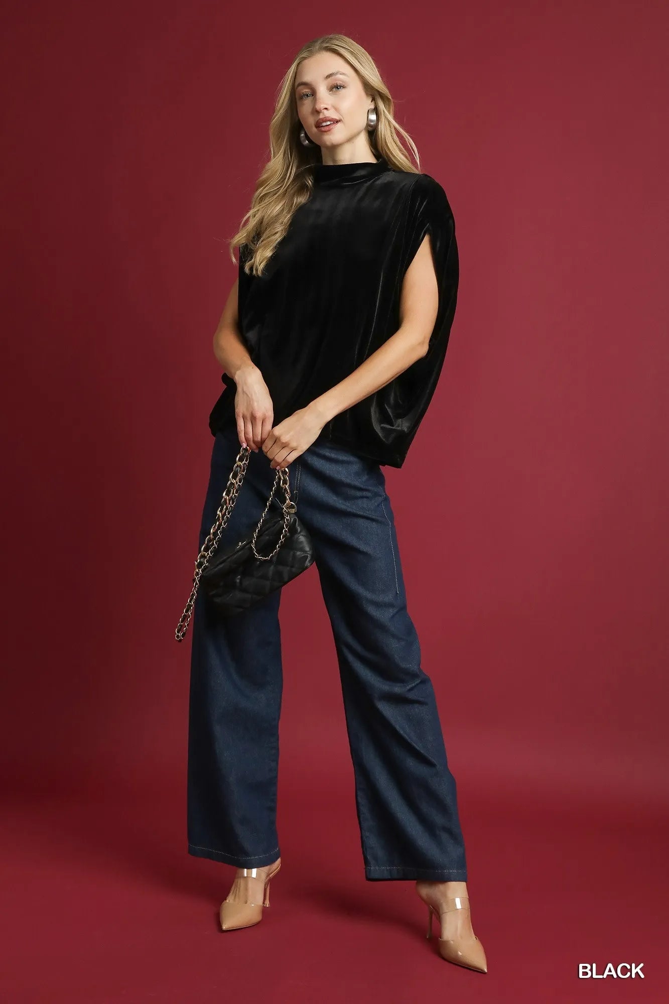 Image of Umgee Velvet Mock Neck Sleeveless Blouse | Queeble.shop
