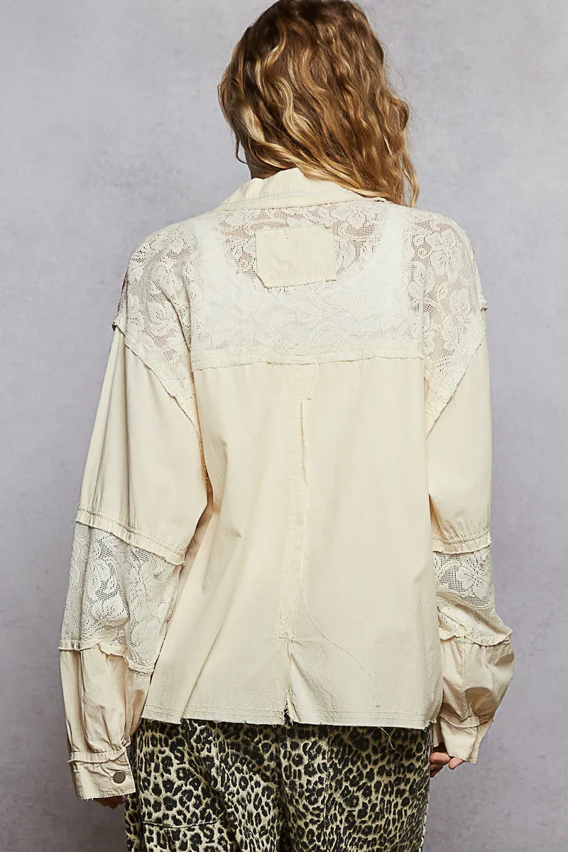 Image of POL Printed Woven Mix Raw Hem Jacket with Lace Detail | Queeble.shop