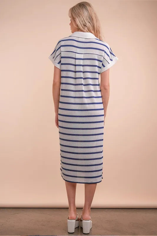Image of VERY J Oversized Collared Striped Knit Midi Dress | Queeble.shop