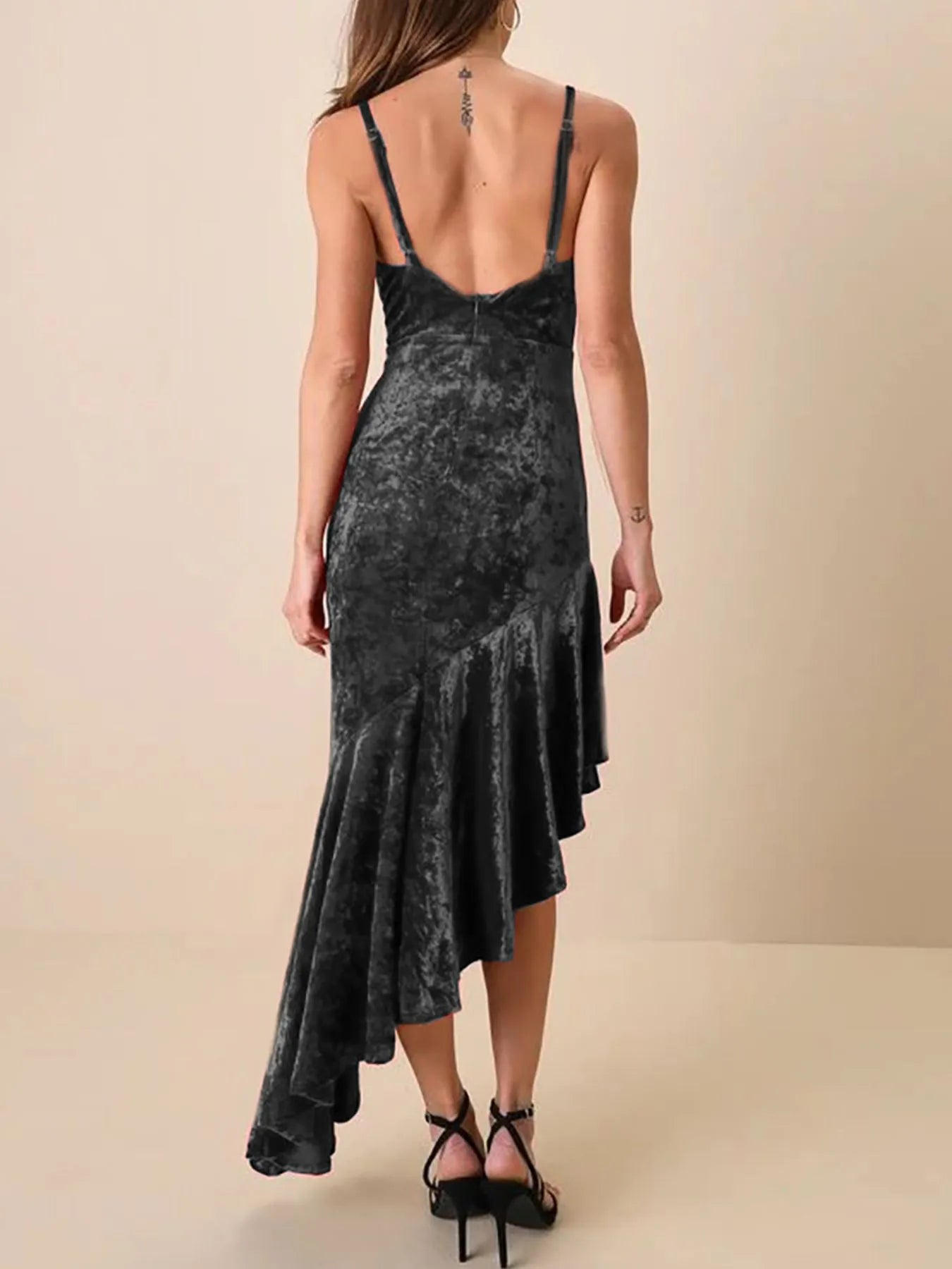 Image of Asymmetrical Velvet Cami Dress with Ruffle Hem | Queeble.shop