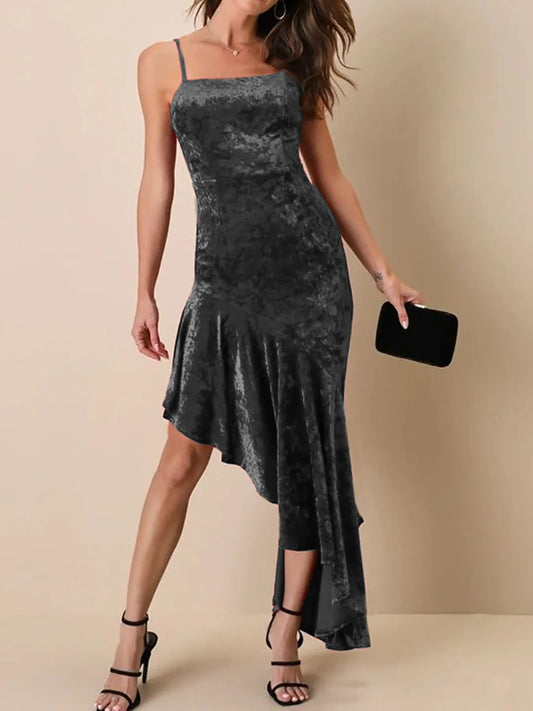 Image of Asymmetrical Velvet Cami Dress with Ruffle Hem | Queeble.shop