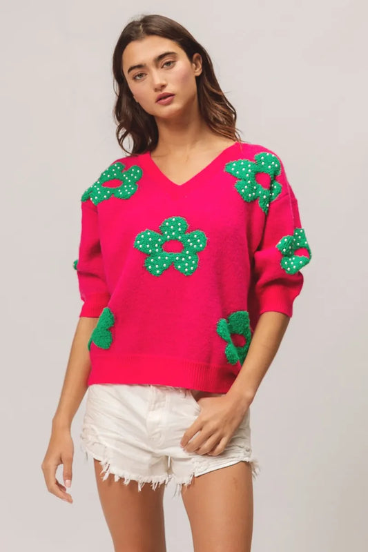 Image of BiBi Pearl Beads Flowers Sweater Top | Queeble.shop