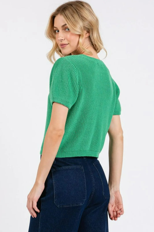 Image of Mittoshop V-Neck Short Sleeve Crop Sweater | Queeble.shop