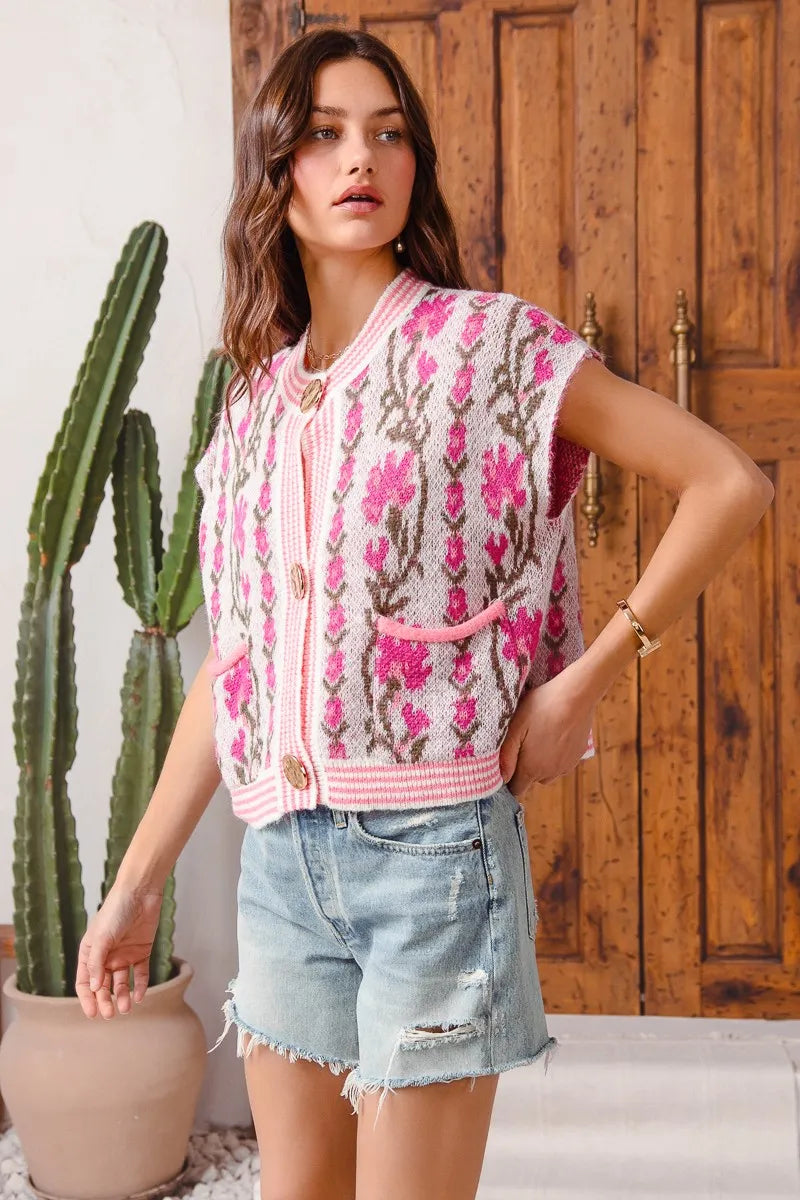 Image of SO ME Button Front Floral and Stripe Knitted Sweater Vest | Queeble.shop