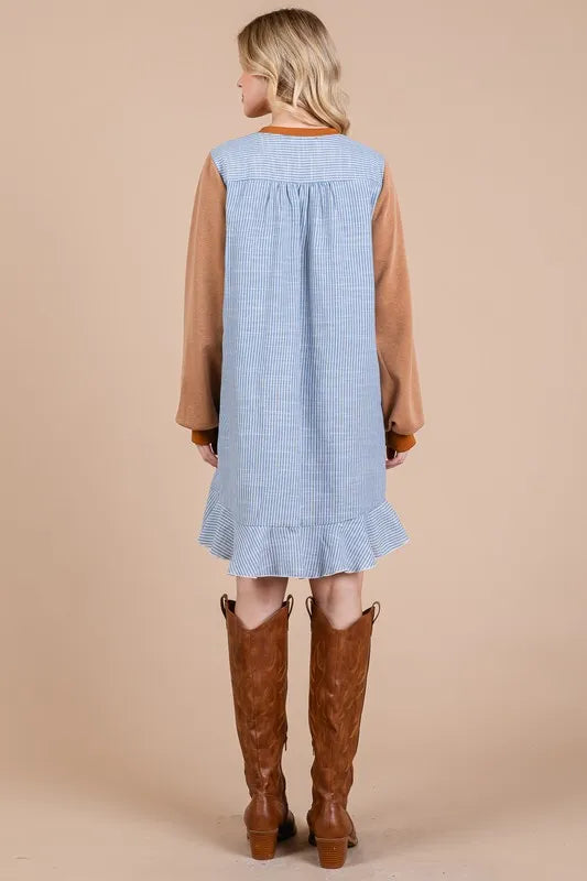 Image of Ces Femme Striped Patchwork Round Neck Terry Sweatshirt Dress | Queeble.shop