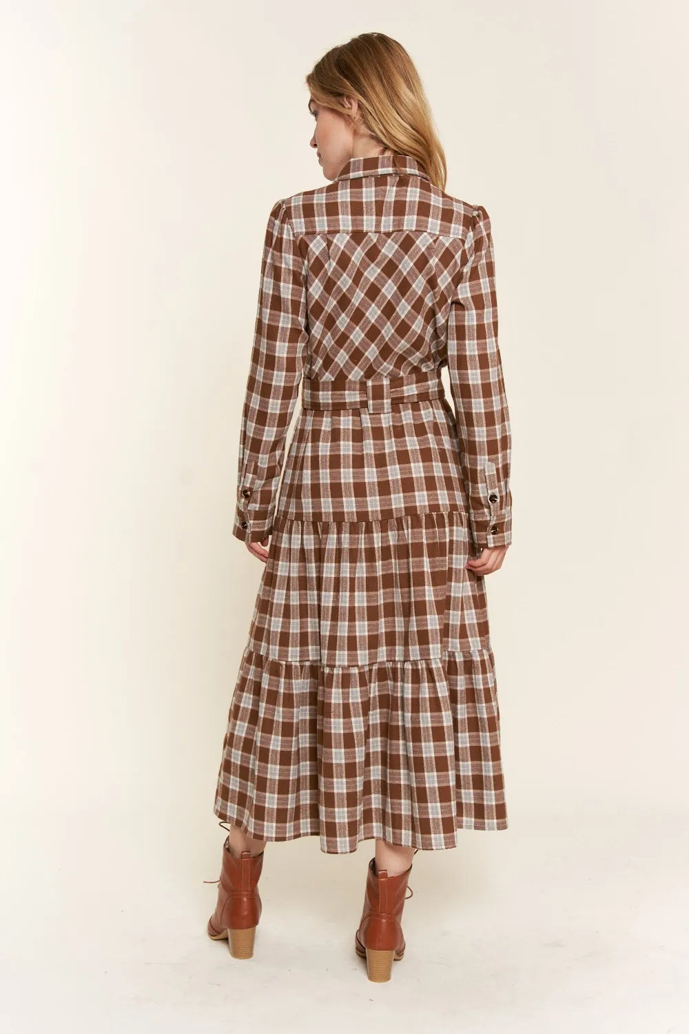 Image of And the Why Plaid Tiered Midi Shirt Dress | Queeble.shop