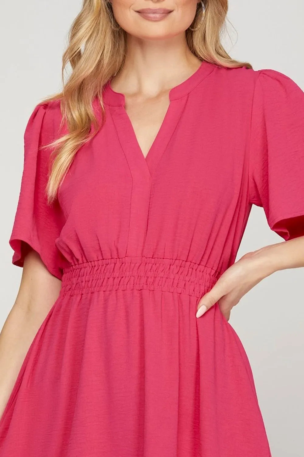 Image of She + Sky Ruffled Hem Notched Flutter Sleeve Mini Dress | Queeble.shop