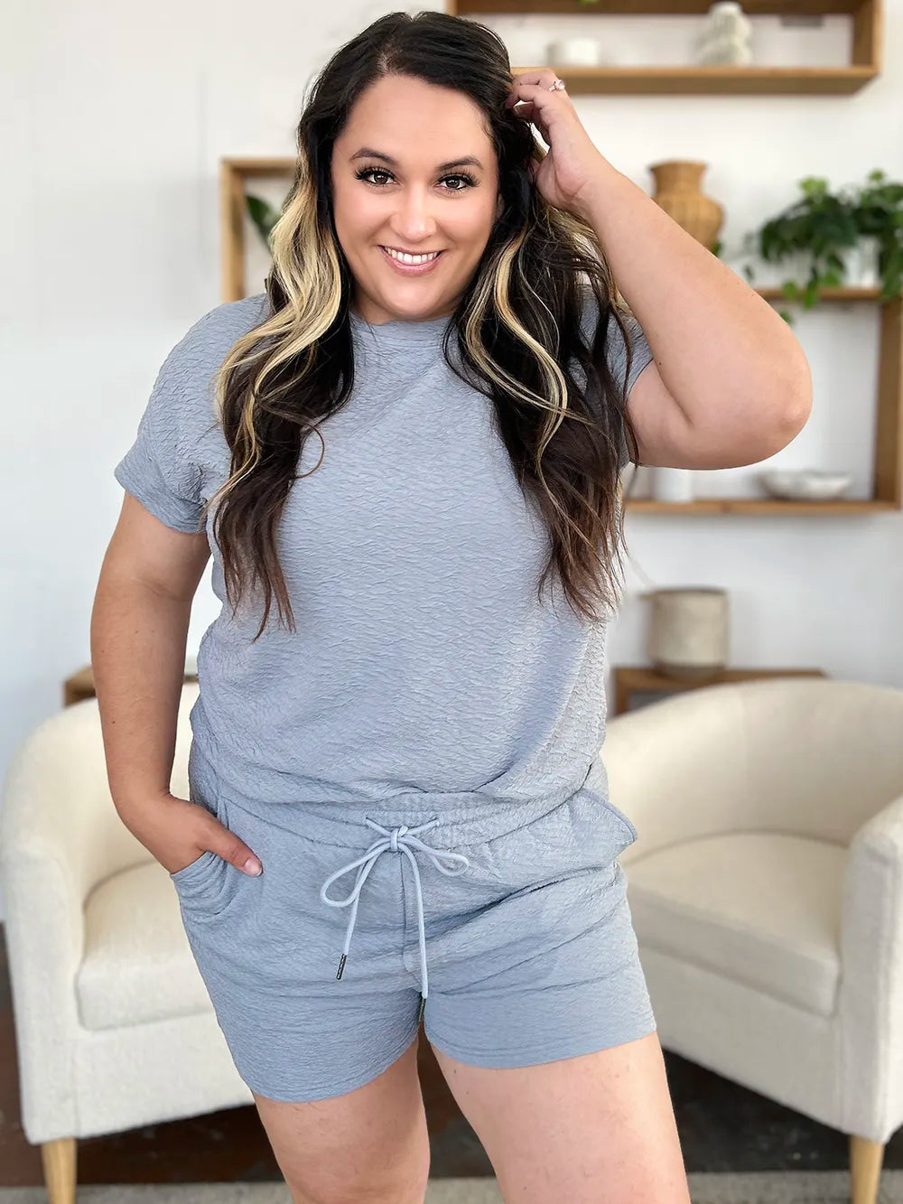 Image of Double Take Full Size Texture Short Sleeve T-Shirt and Drawstring Shorts Set | Queeble.shop