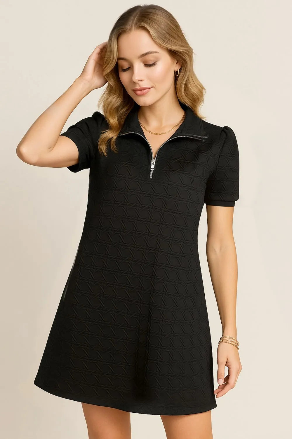 Image of Oh Textured Quarter Zip Short Sleeve Dress | Queeble.shop