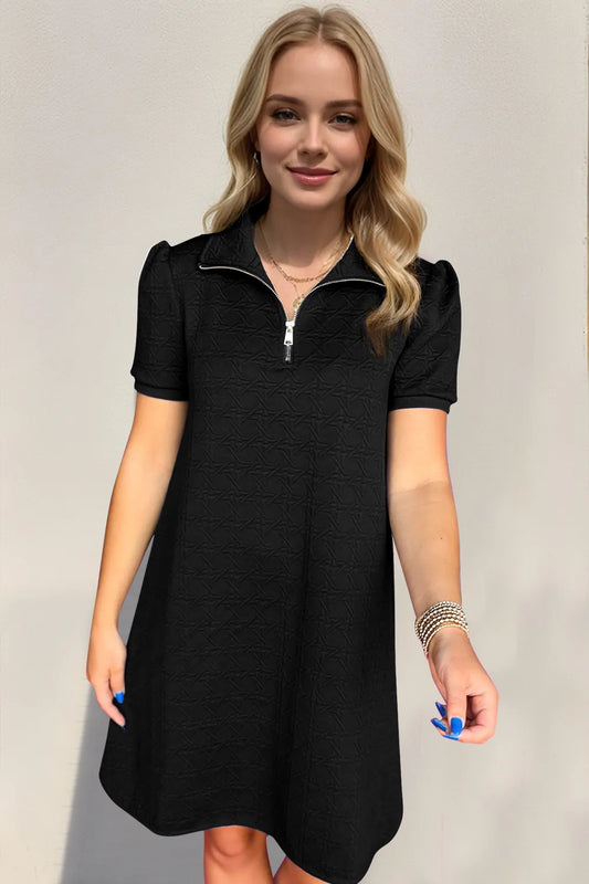 Image of Oh Textured Quarter Zip Short Sleeve Dress | Queeble.shop