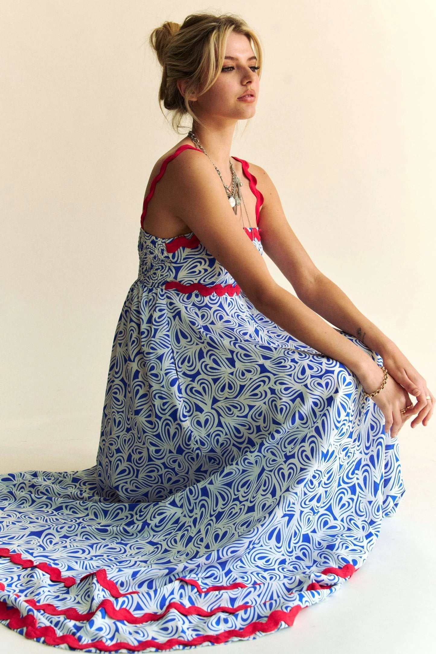 Image of Davi & Dani Geo 2 Tone Printed Wavi Trim Tiered Maxi Dress | Queeble.shop