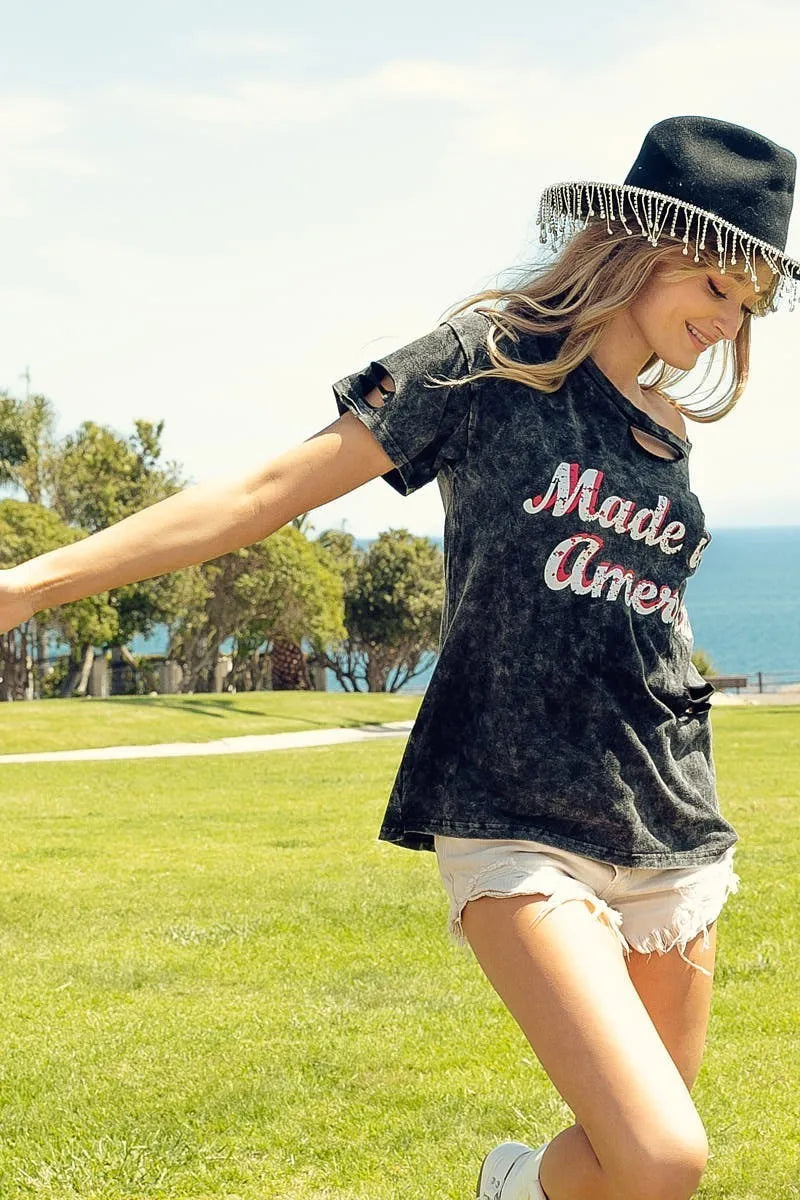Image of BiBi Laser Cut Mineral Washed America Print Top | Queeble.shop