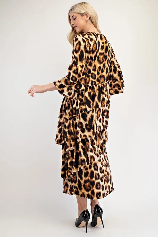 Image of Celeste Full Size Leopard Asymmetrical Ruffle Midi Dress Plus Size | Queeble.shop
