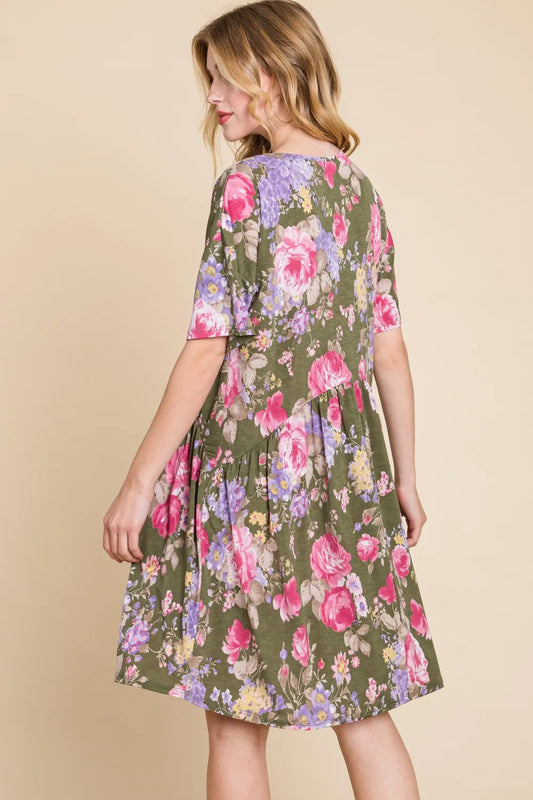 Image of BOMBOM Flower Print V-Neck Ruched Dress | Queeble.shop