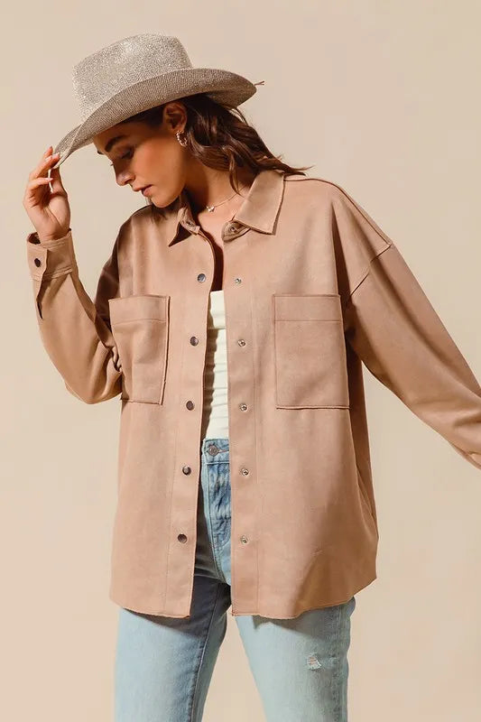 Image of SO ME Faux Sued Snap Shacket with Collar and Pockets | Queeble.shop