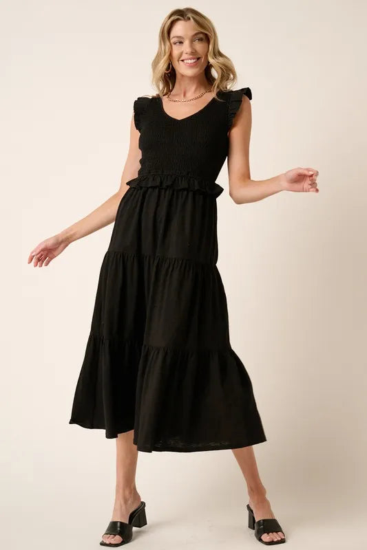 Image of Mittoshop Smocked Ruffled Tiered Midi Dress | Queeble.shop