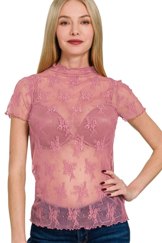 Image of Zenana Lace See-through Layering Short Sleeve Top | Queeble.shop
