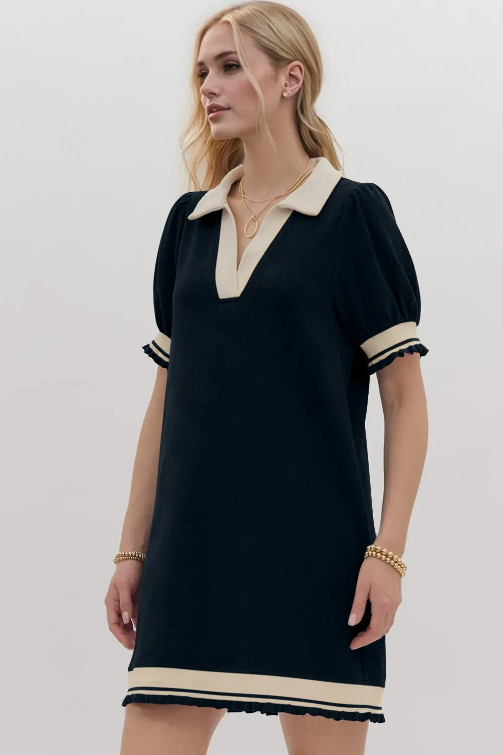 Image of Oh Frill Contrast Trim Johnny Collar Short Sleeve Mini Dress | Queeble.shop