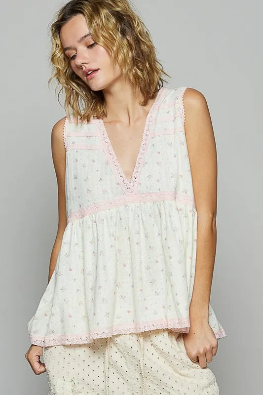 Image of POL Lace Detail Floral V-Neck Sleeveless Top | Queeble.shop