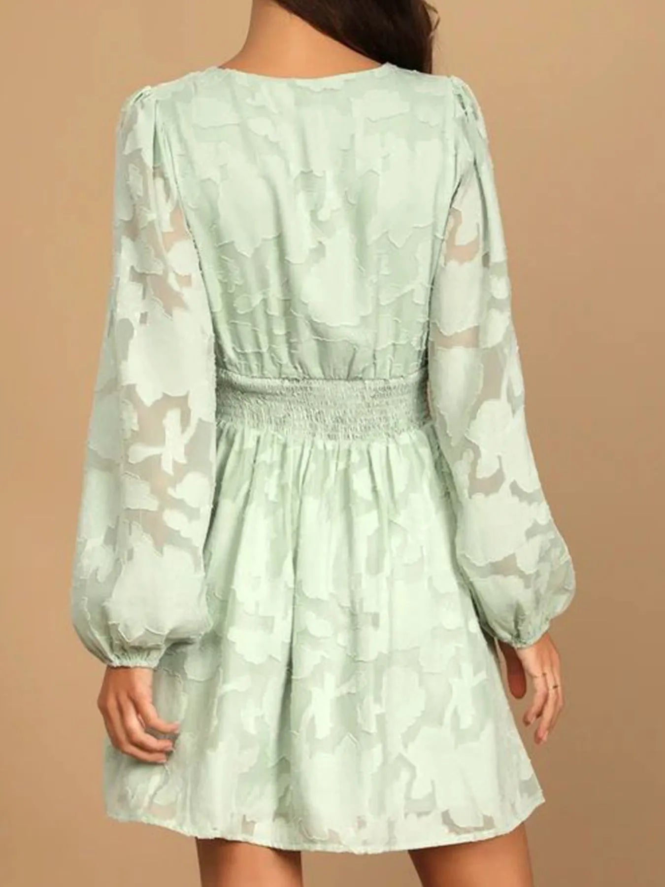 Image of Smocked V-Neck Balloon Sleeve Dress | Queeble.shop
