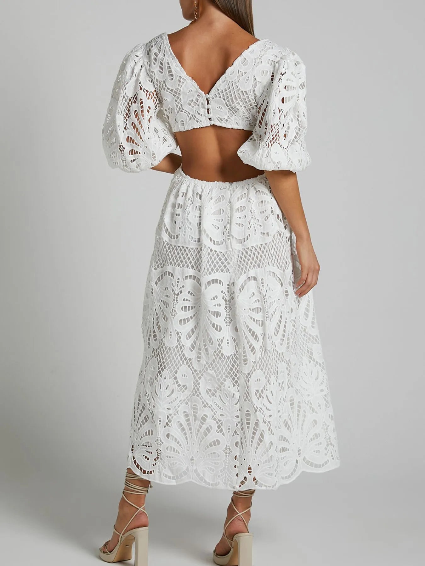 Image of Cutout Back Lace Crochet V-Neck Dress | Queeble.shop