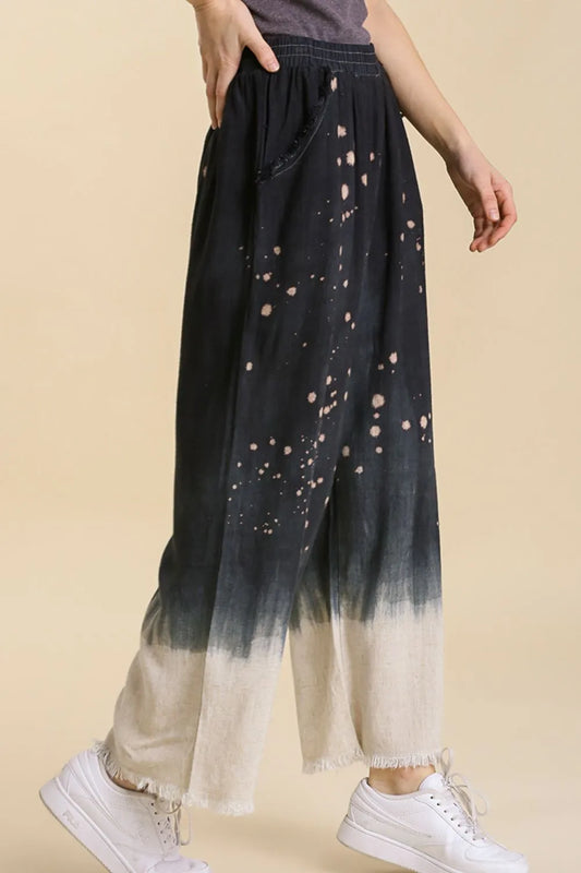 Image of Umgee Full Size Raw Hem Linen Blend Bleach Dip Dye Wide Leg Pants Plus Size | Queeble.shop