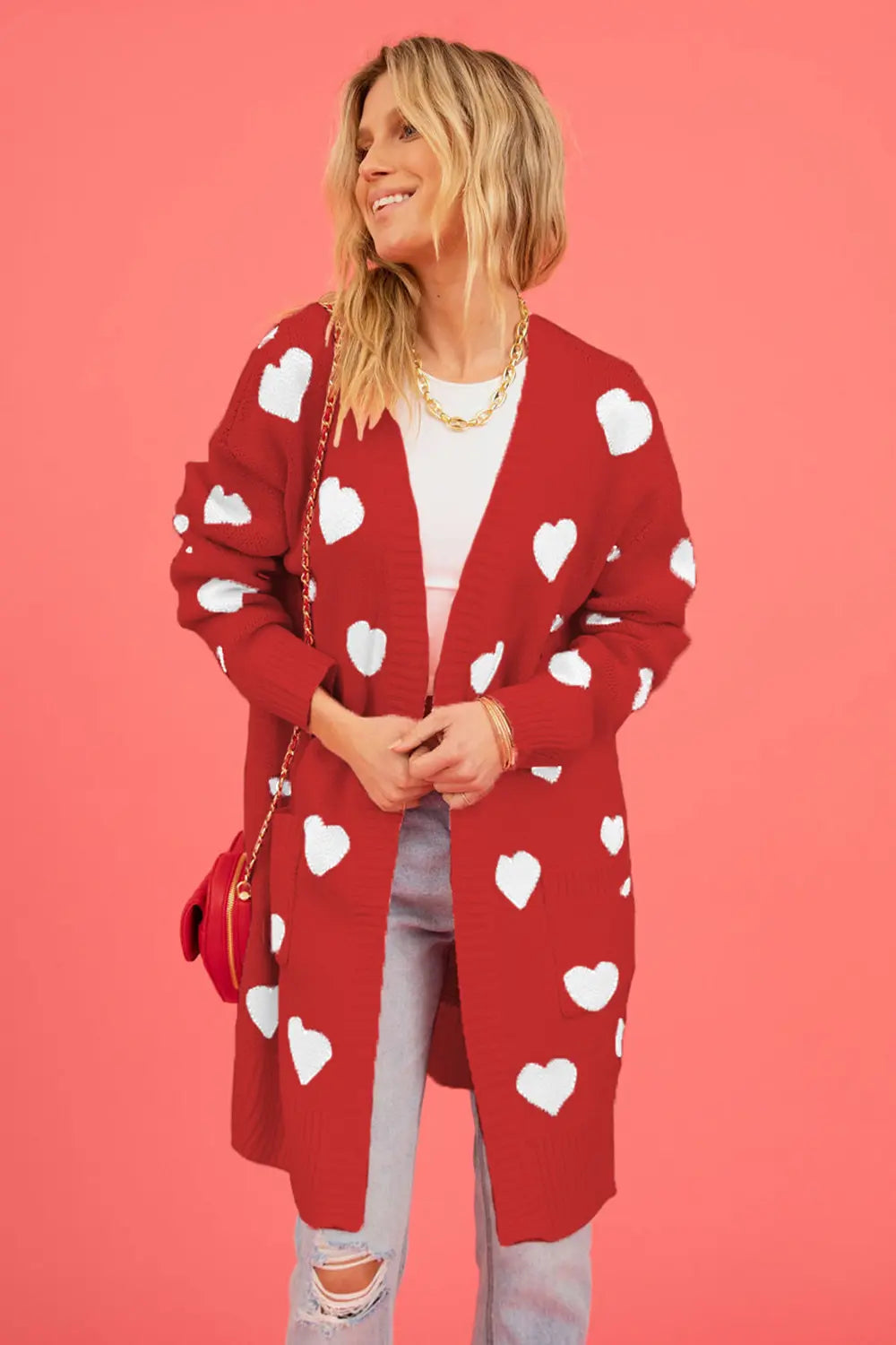 Image of Heart Graphic Open Front Cardigan with Pockets | Queeble.shop