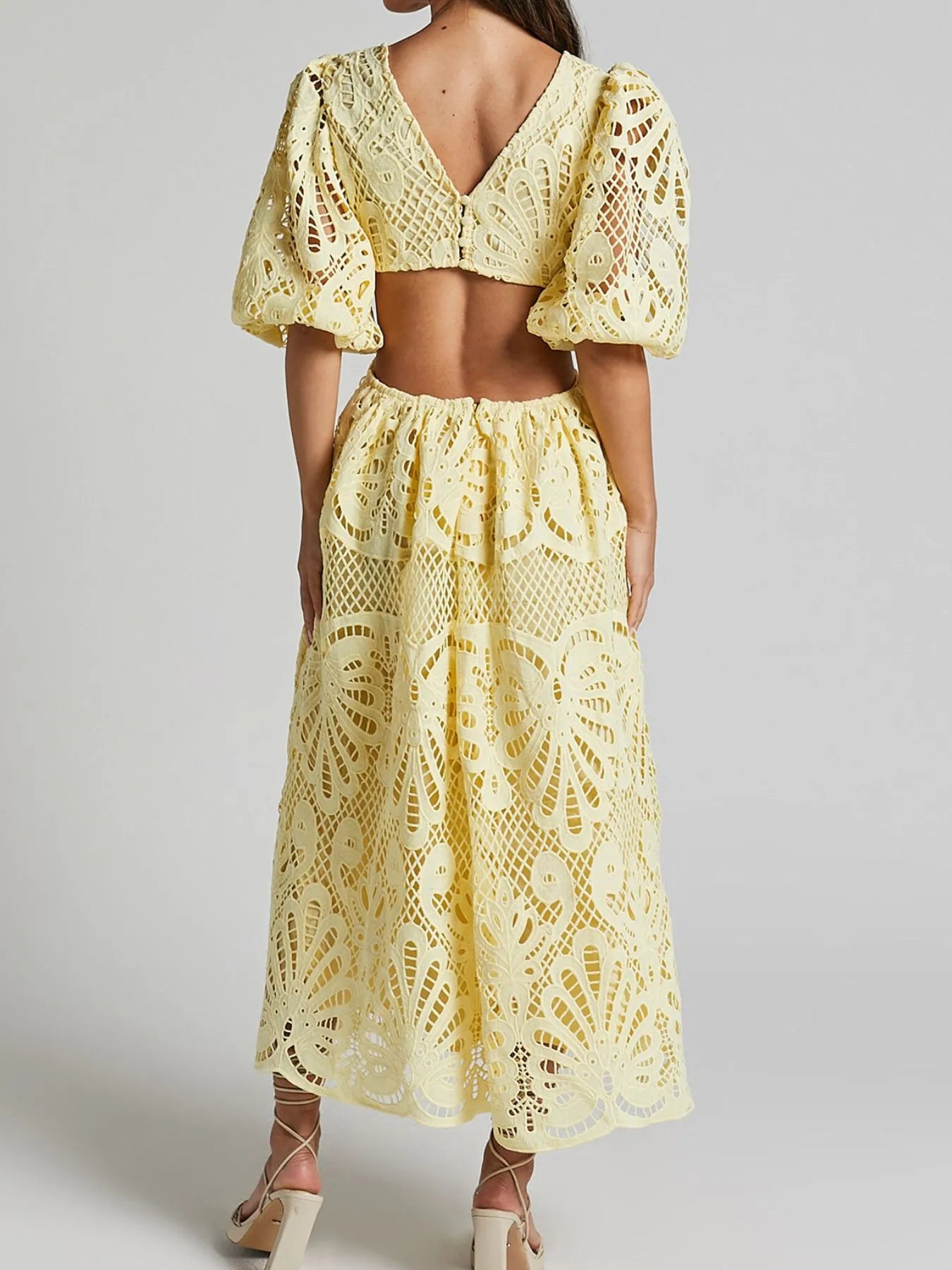 Image of Cutout Back Lace Crochet V-Neck Dress | Queeble.shop