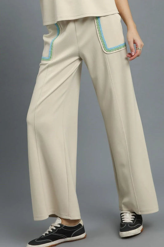 Image of Umgee Drawstring Wide Leg Pants with Scallop Trim Detail | Queeble.shop