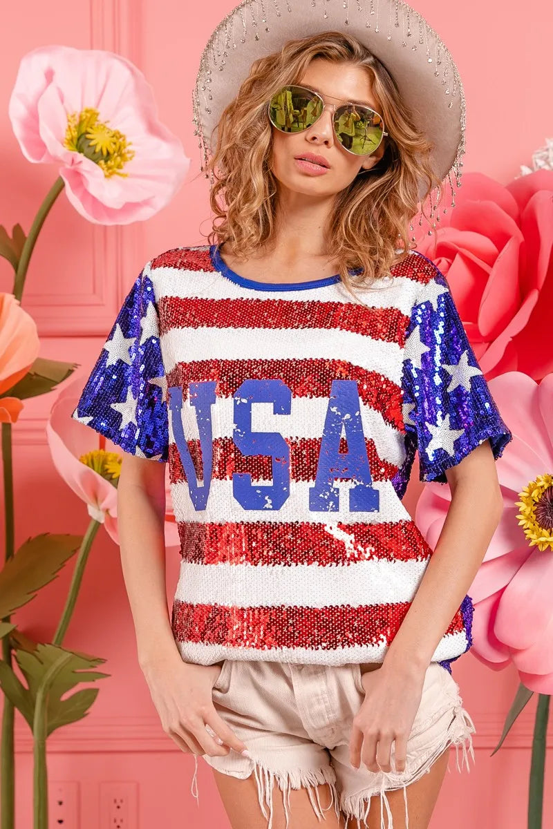 Image of BiBi American Flag Theme USA Lettering Sequin Top | Queeble.shop