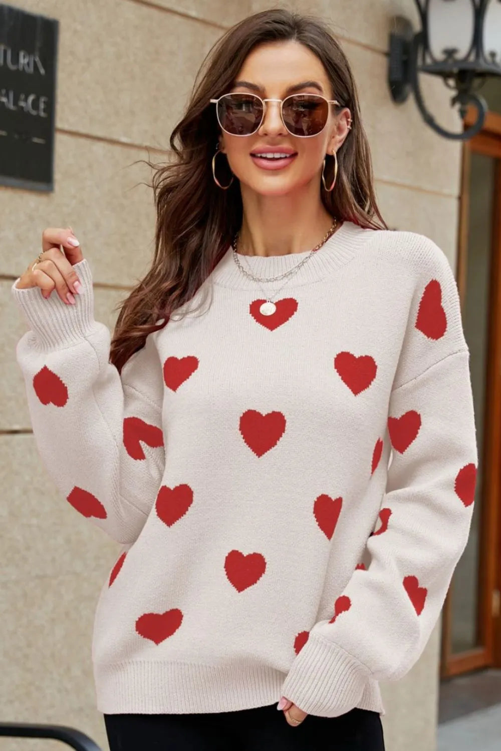 Image of Woven Right Heart Pattern Lantern Sleeve Round Neck Tunic Sweater | Queeble.shop