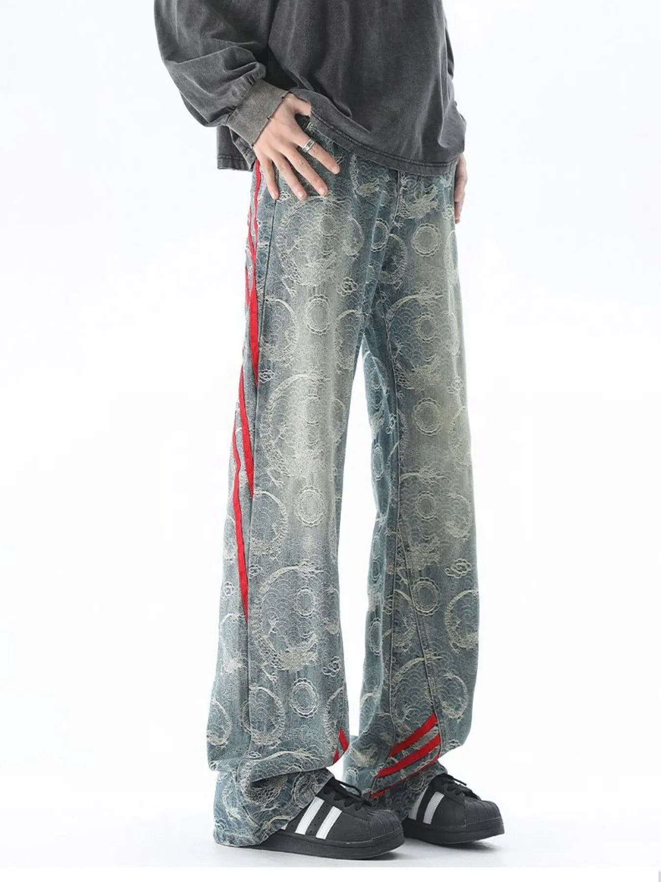 Image of Men's Plus Size Contrast Striped Wide Leg Jeans | Queeble.shop