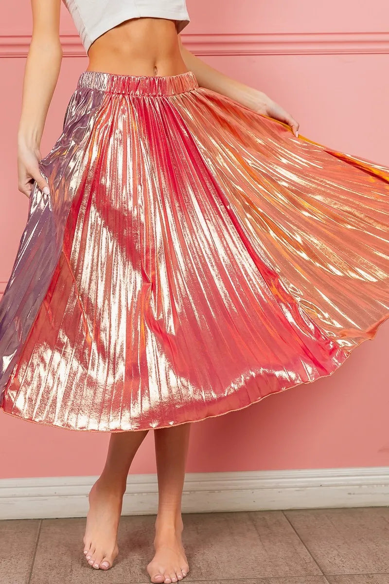 Image of BiBi Metallic Color Block Pleats Midi Skirt | Queeble.shop