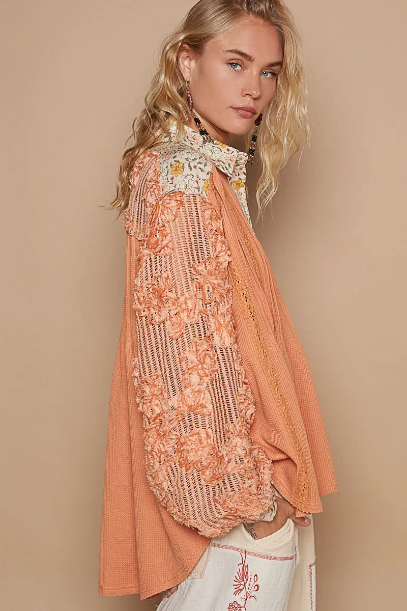 Image of POL Floral Half Button Lace Detail Long Sleeve Top | Queeble.shop