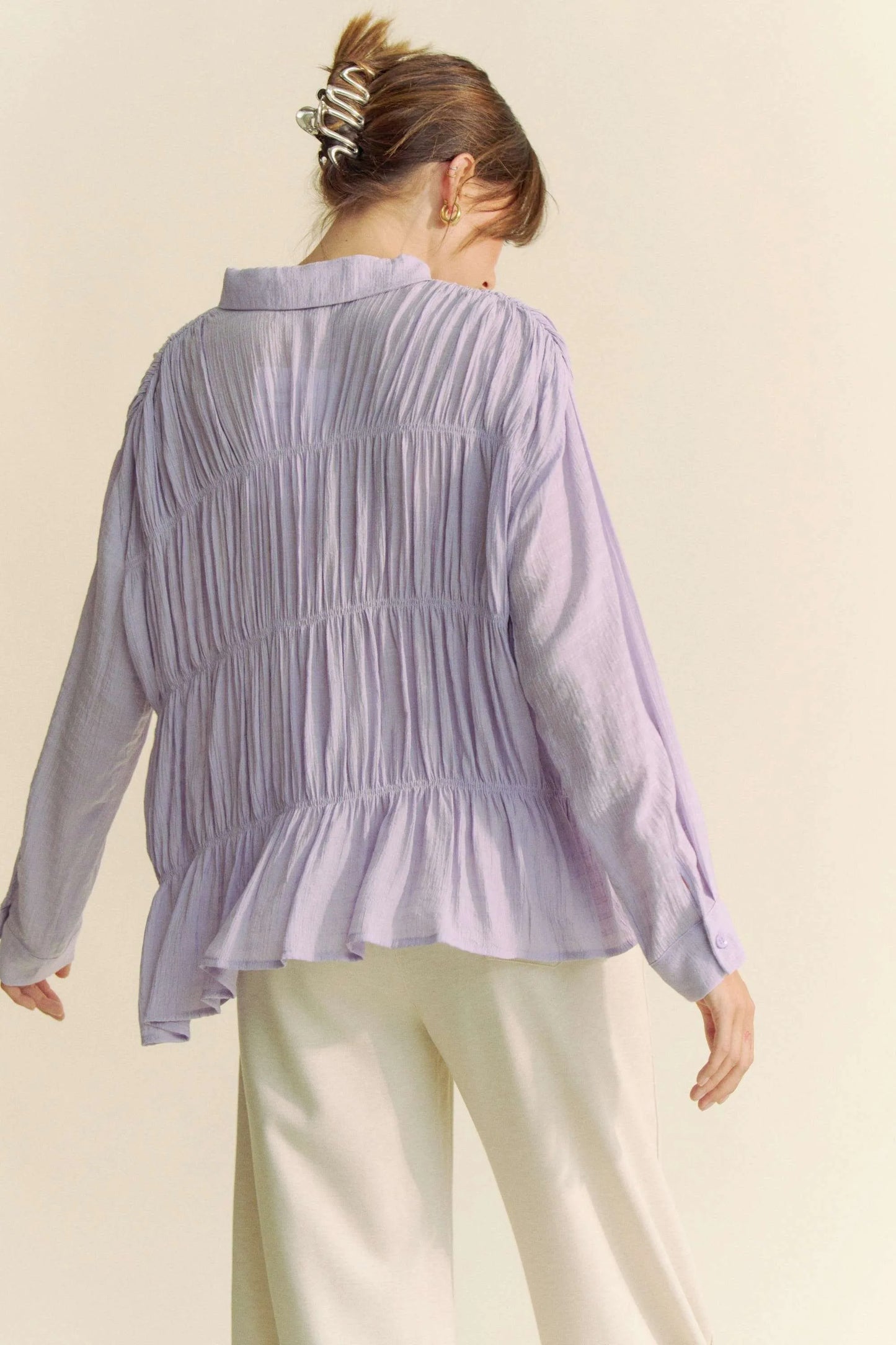 Image of Davi & Dani Ruched All Over Button Front Shirt | Queeble.shop