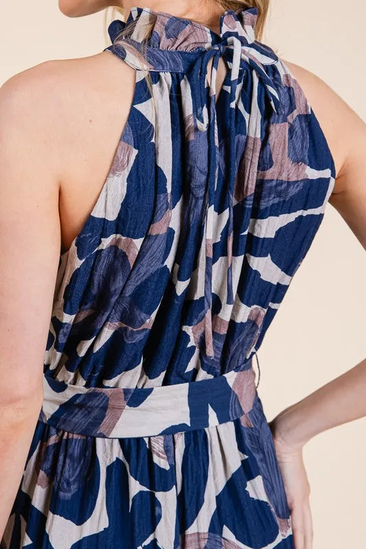 Image of Lime 'N' Chili Abstract Halter Neck Tie-Waist Tiered Maxi Dress | Queeble.shop