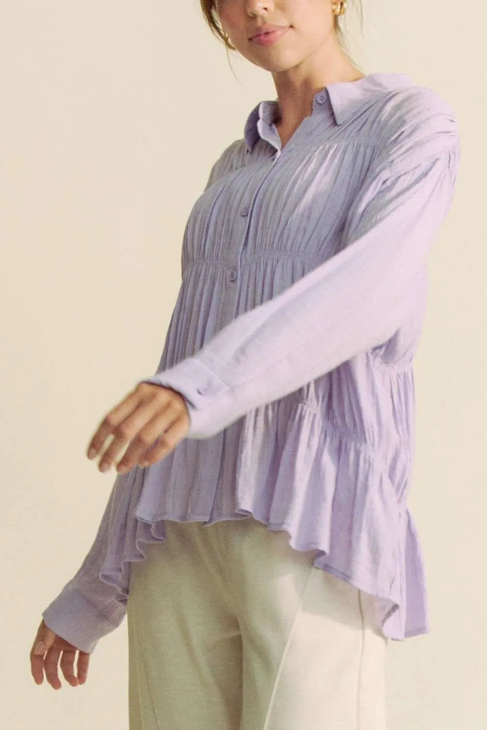Image of Davi & Dani Ruched All Over Button Front Shirt | Queeble.shop