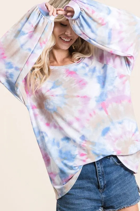 Image of BiBi Tie Dye Print Terry Top With Puff Sleeves | Queeble.shop
