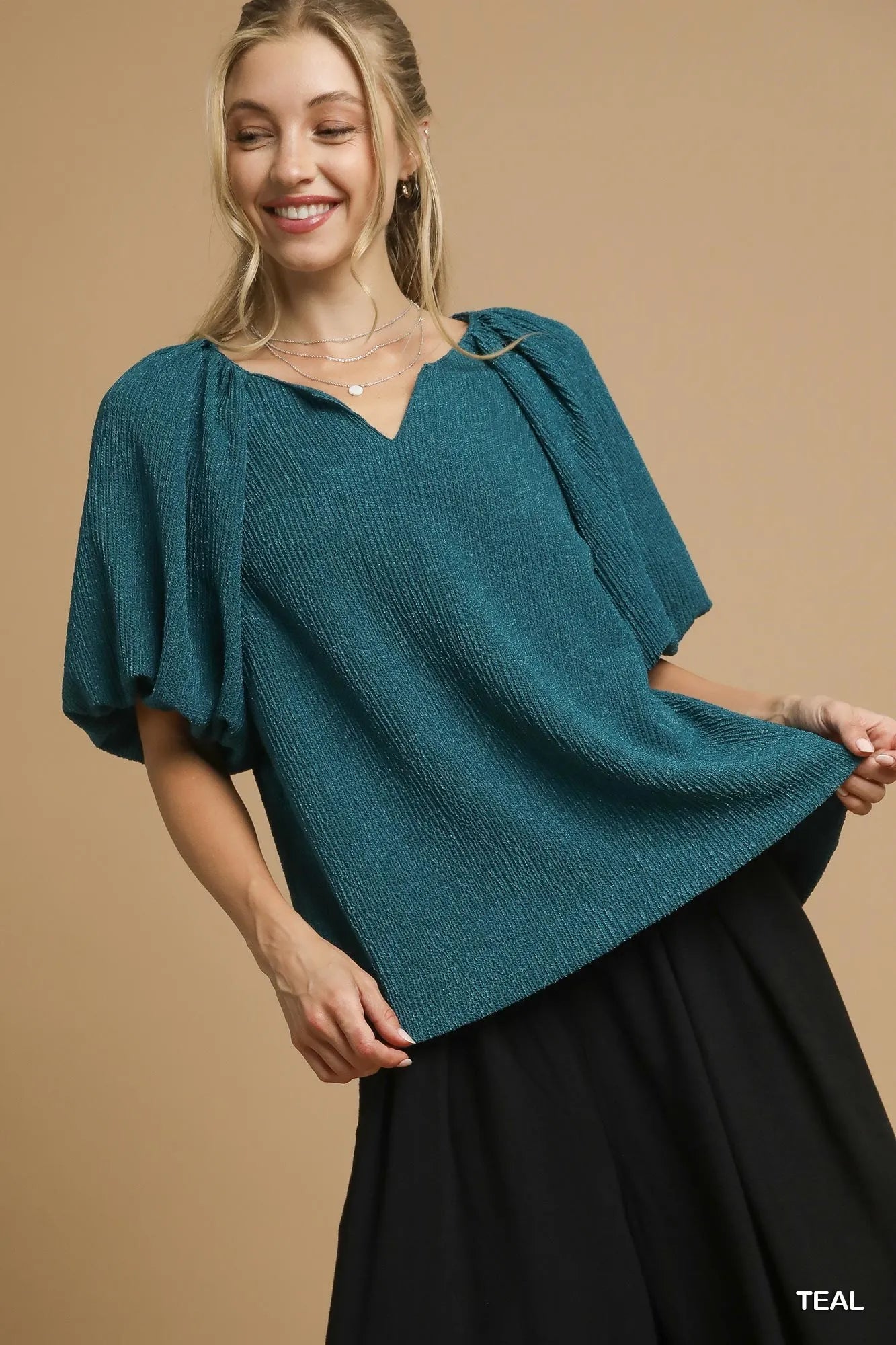 Image of Umgee Textured Flutter Sleeve Notch Neck Top | Queeble.shop