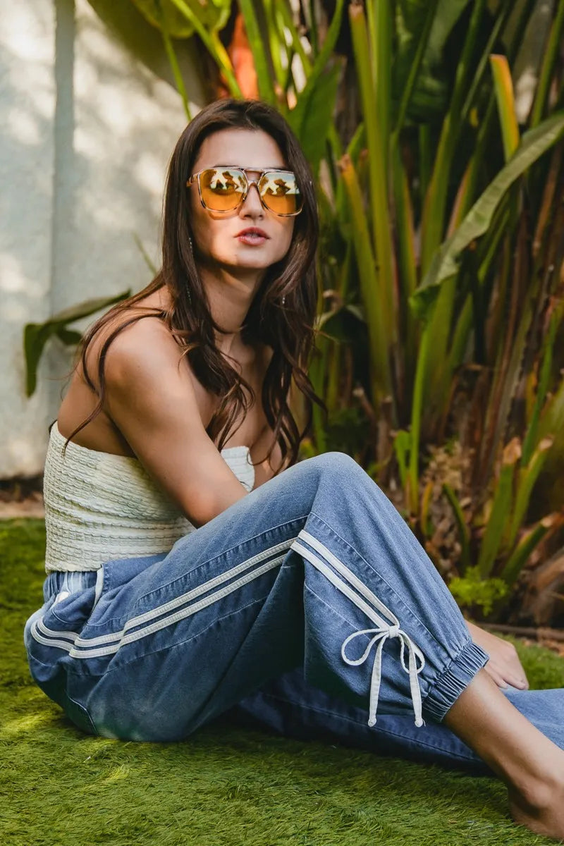 Image of BiBi Striped Tape Details With Bot Tied Point Elastic Waist Jeans | Queeble.shop