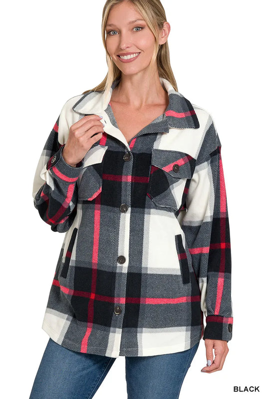 Image of Zenana Oversized Plaid Fleece Shacket | Queeble.shop