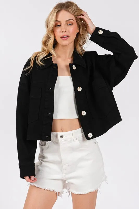 Image of bytos Button Down Cropped Denim Jacket with Patch Pockets | Queeble.shop