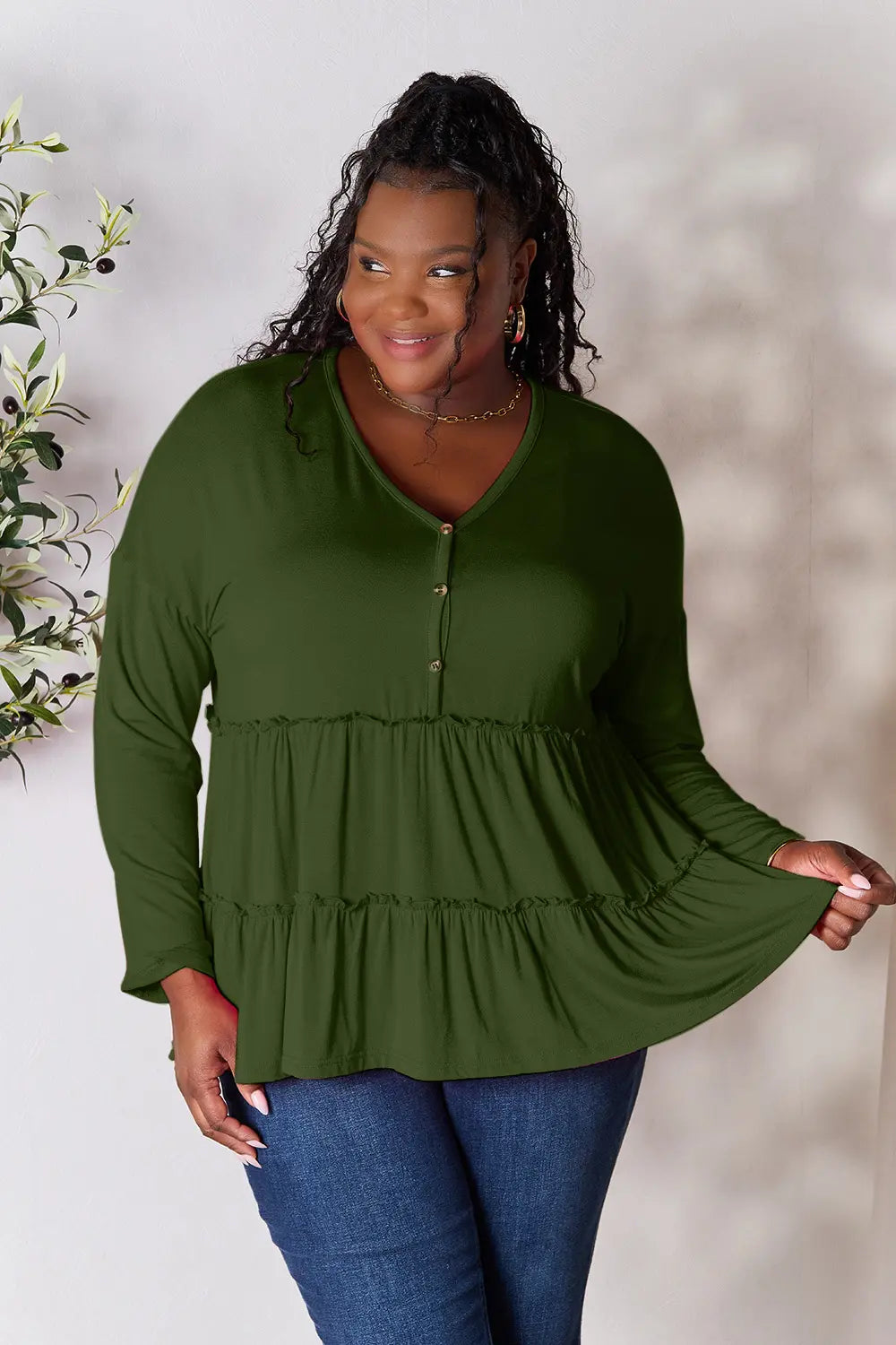 Image of Double Take Half Button Long Sleeve Ruffle Hem Blouse | Queeble.shop