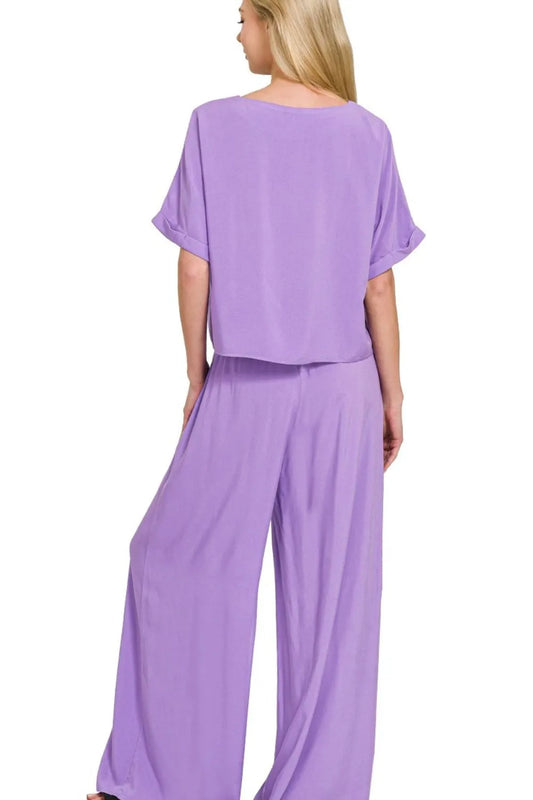 Image of Zenana Round Neck T-Shirt and Wide Leg Pants Set | Queeble.shop