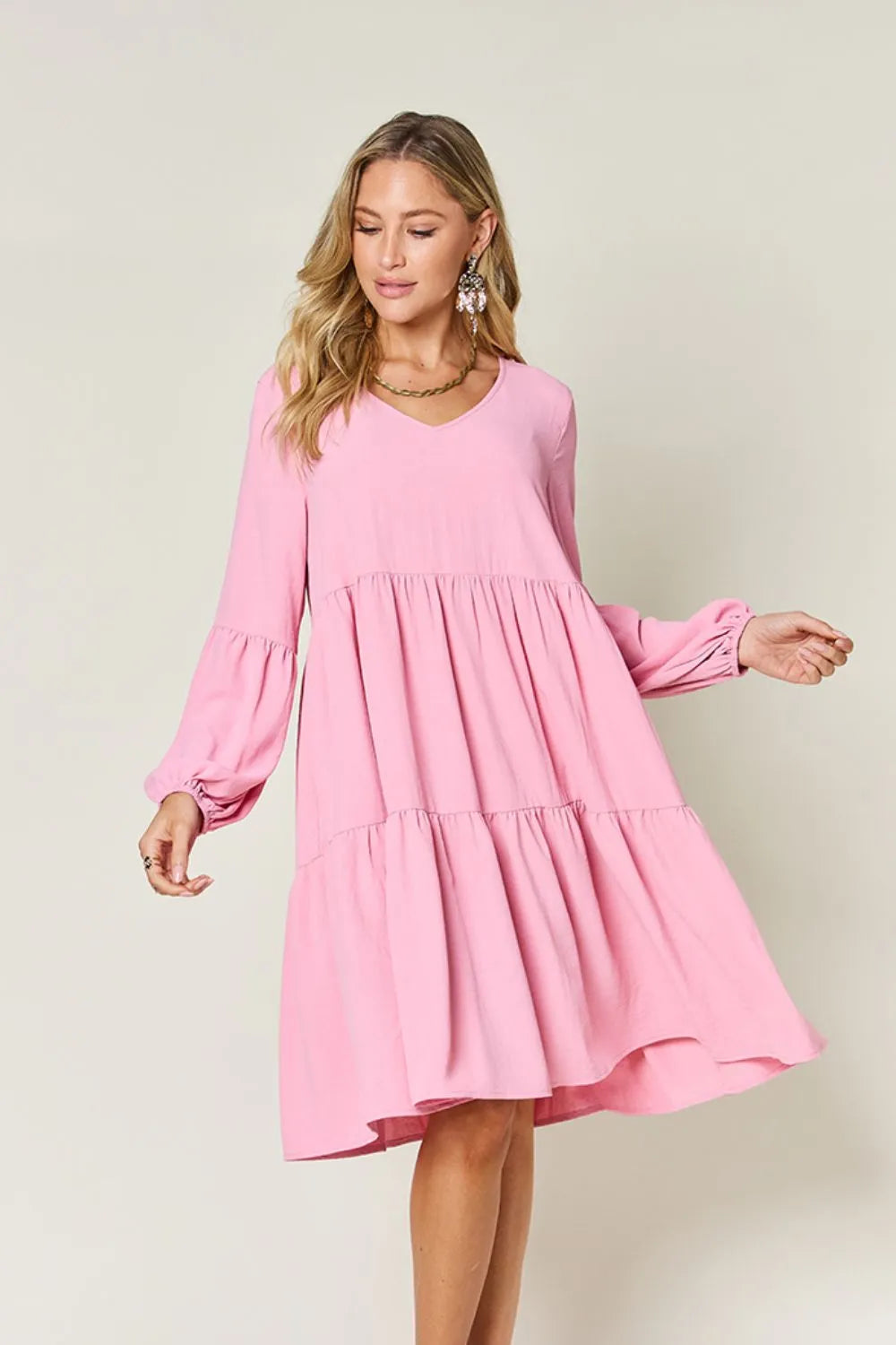 Image of Double Take Full Size V-Neck Balloon Sleeve Tiered Dress with Pockets | Queeble.shop