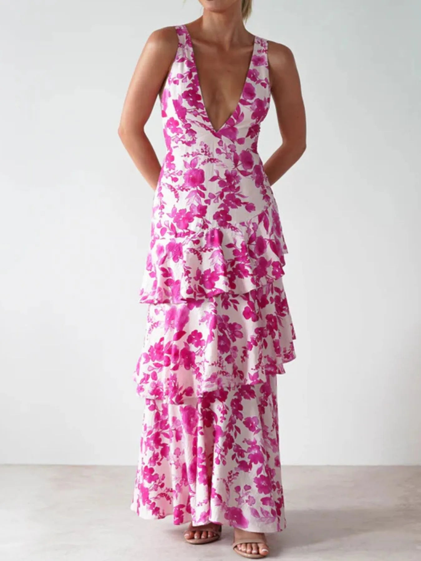 Image of Ruffled Layered Floral Deep V-Neck Dress | Queeble.shop